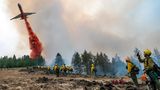Feuerwehrleute beobachten und filmen mit ihren Handys, wie ein Flugzeug Löschmittel abwirft