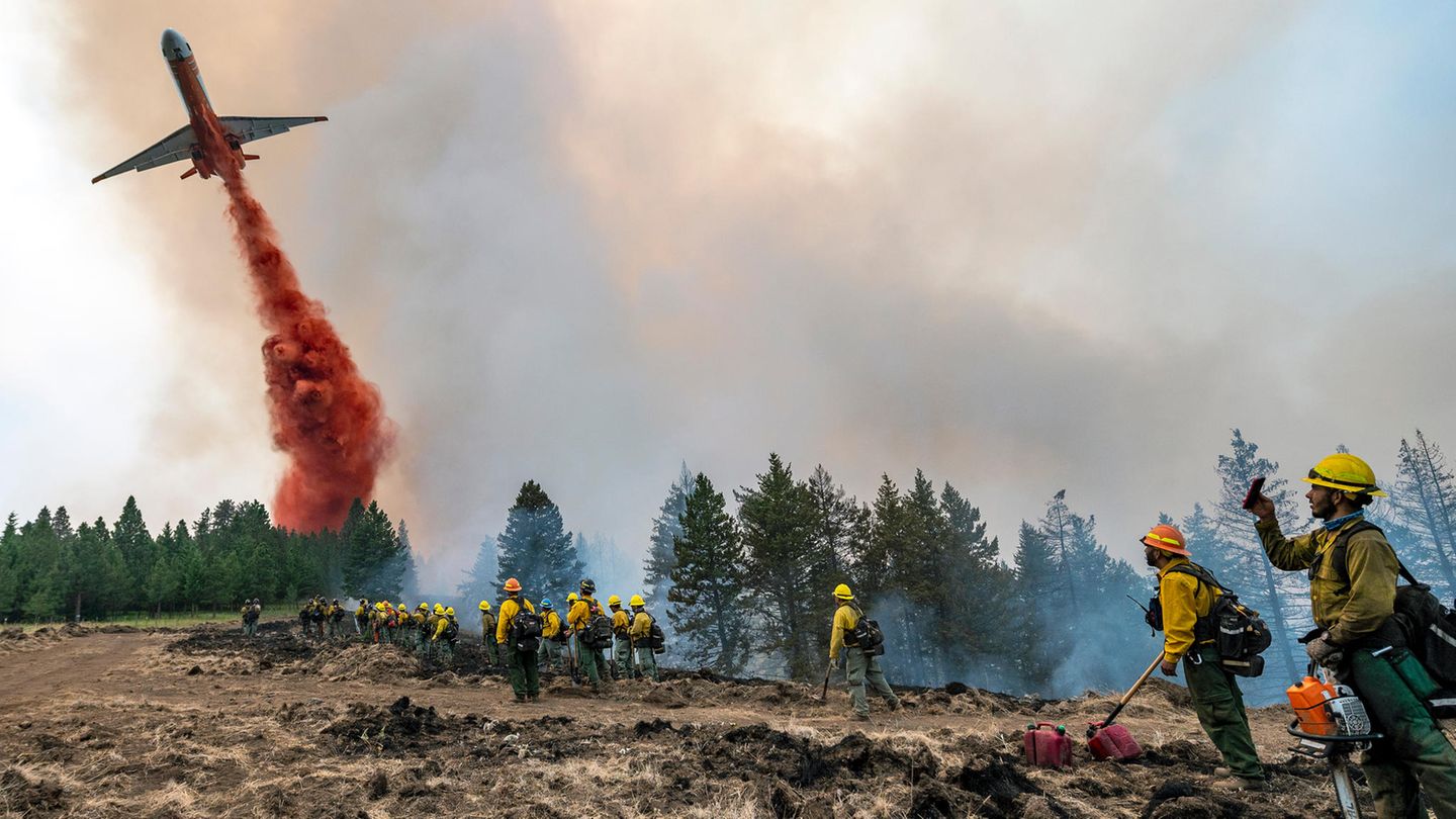 Feuerwehrleute beobachten und filmen mit ihren Handys, wie ein Flugzeug Löschmittel abwirft