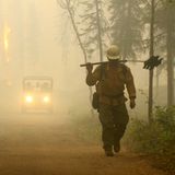 Ein Alaska Smokejumper und andere Feuerwehrleute gehen auf eine Straße hinter dem Chena Hot Springs Resort. Günstige Wetterbedingungen haben es den Feuerwehrleuten ermöglicht, den Schutz vor einem Waldbrand im Inneren Alaskas zu verstärken, auch wenn das Feuer auf der gegenüberliegenden Seite größer wird. 