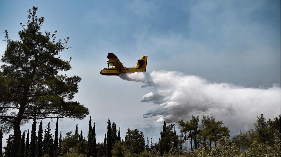 Thessaloniki, Griechenland: Ein Flugzeug wirft Wasser auf einen Wald im Seih Sou Park. Nachdem die Feuerwehr am Sonntag zahlreiche Wald-und Buschbrände unter Kontrolle gebracht hat, wird das Risiko neuer Brände weiterhin als hoch eingestuft. Bereits seit mehreren Tagen herrschen in den meisten Teilen Griechenlands heiße Temperaturen. Laut Zivilschutz besteht für die Hälfte des Landes große Brandgefahr.