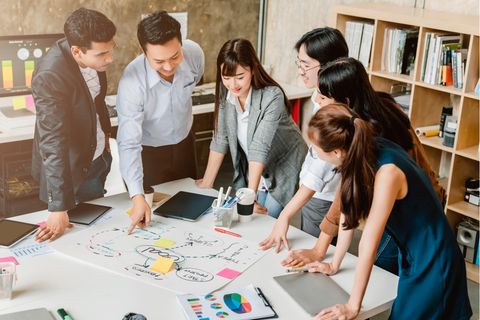 Ein Team steht um einen Tisch herum und schaut auf einen Plan.