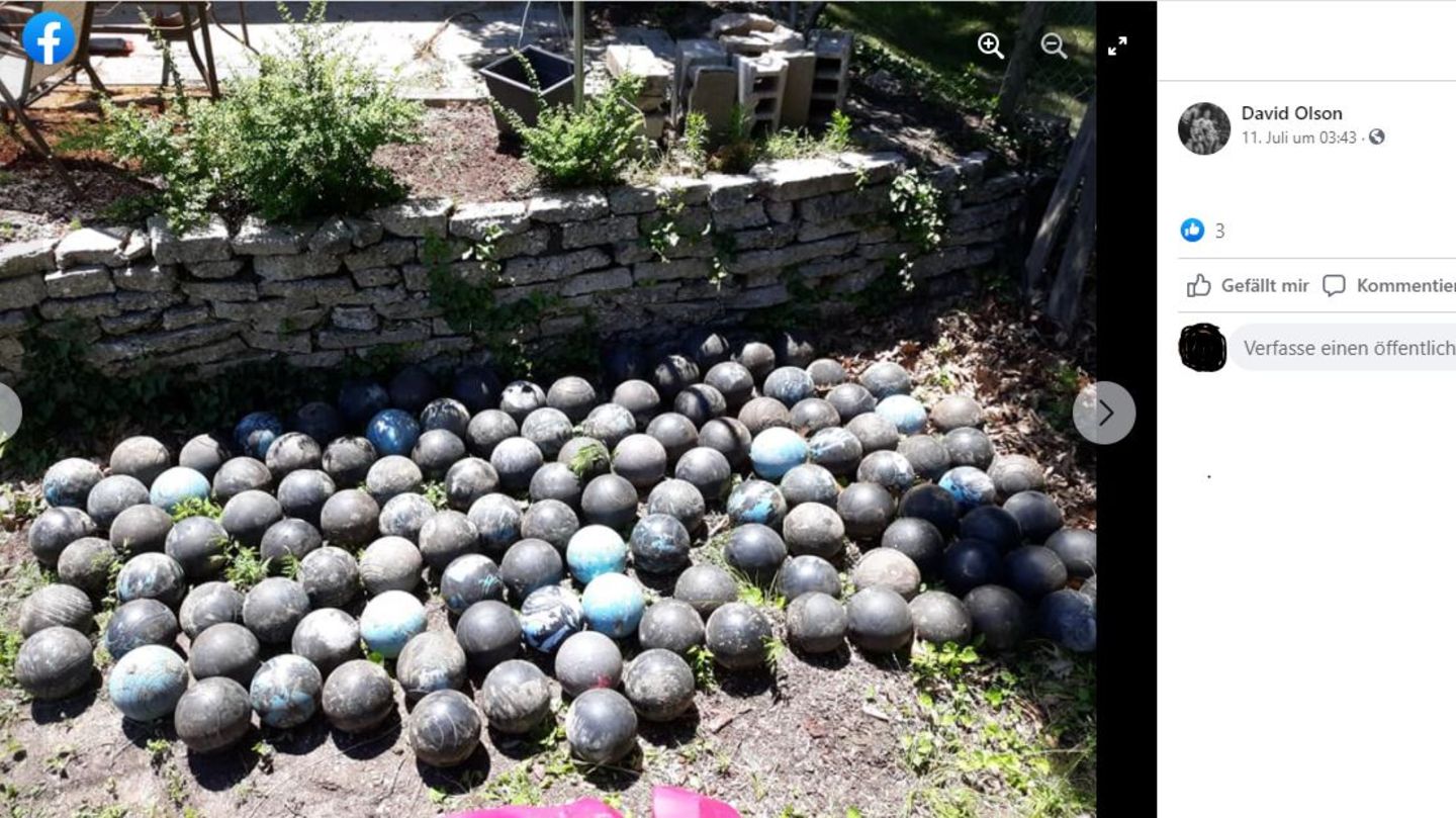 Sehr viele blaue Bowlingkugeln liegen in einer Wiese, der Screenshot ist von Facebook