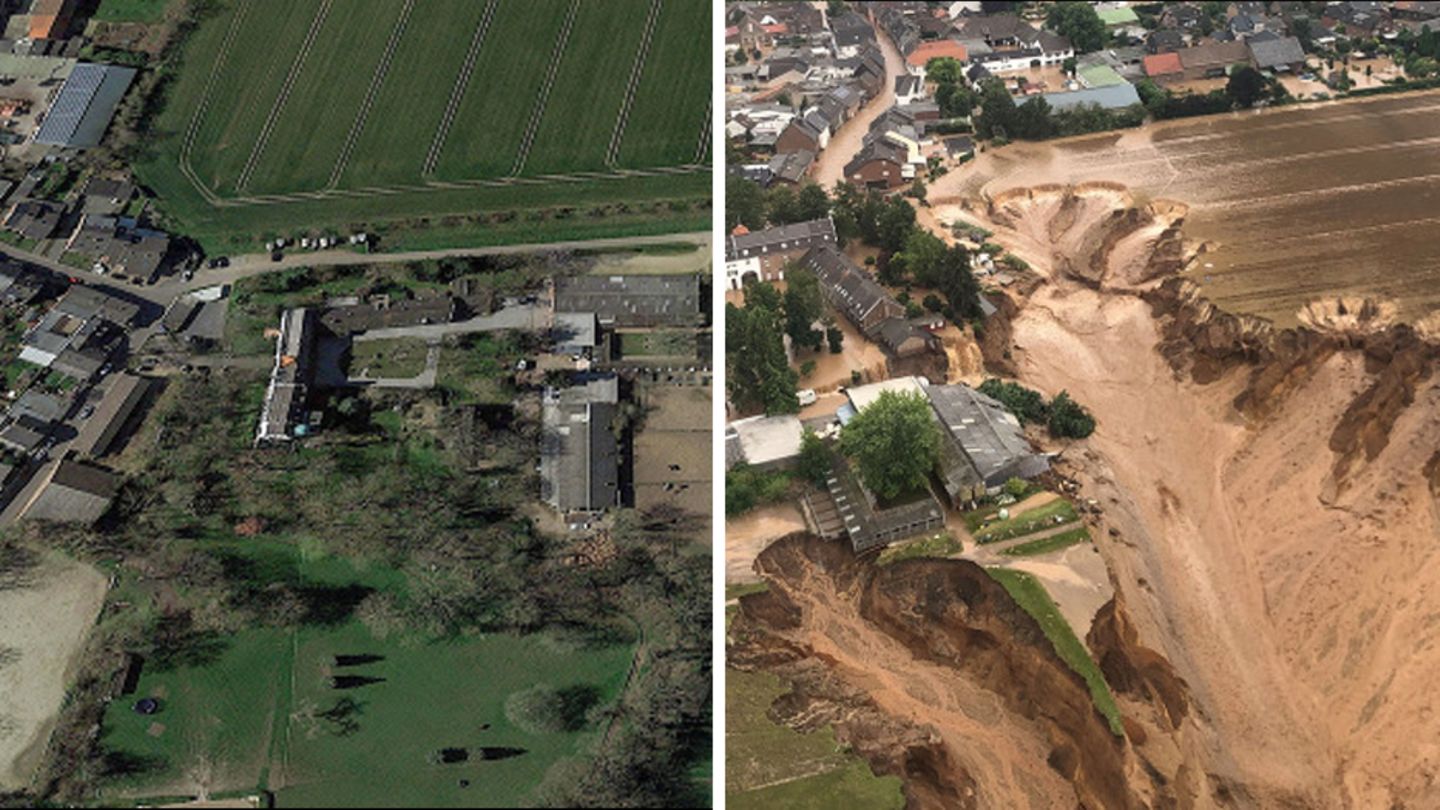 Schlammwasser, Trümmer und ein Riesenloch: Vorher-Nachher-Fotos zeigen das ...
