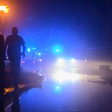 Zwei Männer laufen am Rande einer von Wasser der Kirnitzsch überfluteten Straße bei Bad Bad Schandau entlang, während im Hintergrund ein Feuerwehreinsatz läuft.