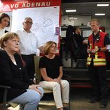 Merkel und Dreyer im Gespräch mit Feuerwehrleuten in Schuld