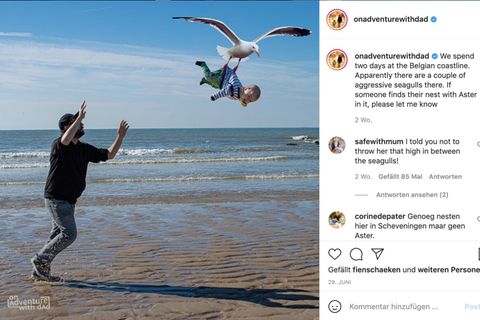 Ein Mann rennt einer Möwe hinterher, die das Baby mit den Füßen haltend wegfliegt