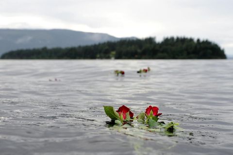 Eine Rose schwimmt im Gedenken an die Opfer des Anschlags von Utøya im Wasser vor der Insel