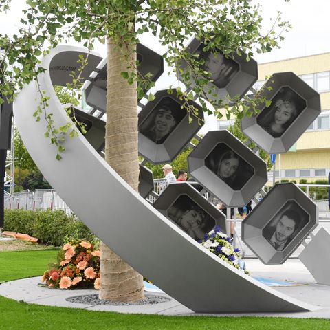 Das Mahnmal besteht aus einem Gingko-Baum, den ein zwei Meter hoher Edelstahlring, umfasst mit Fotos der Opfer