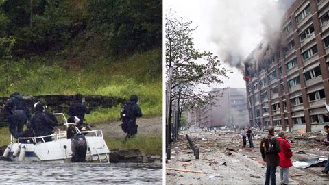 Links: Spezialeinheiten betreten die Insel Utøya am 22. Juli 2011. Rechts: die Schäden nach dem Bombenanschlag in Oslo.