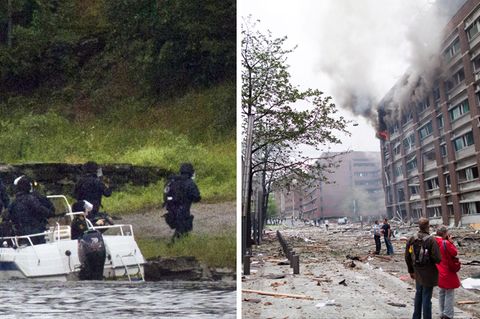 Links: Spezialeinheiten betreten die Insel Utøya am 22. Juli 2011. Rechts: die Schäden nach dem Bombenanschlag in Oslo.