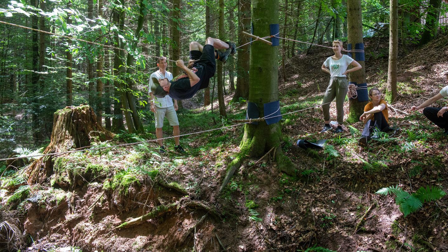 Abenteuer und Erholung in der freien Natur: Tim hangelt sich an einer Seilbrücke über einen Bach.