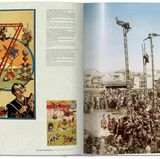 Im Layout des Prachtbandes sind neben den historischen Fotos auch als kleine grafische Elemente alte Kofferaufkleber oder Theater- und Zirkusplakate (links) eingebunden. Das Foto rechts zeigt Feuerwehrmänner bei ihrem Neujahrsauftritt in Tokio um 1890.