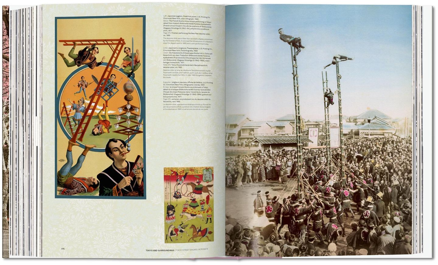 Im Layout des Prachtbandes sind neben den historischen Fotos auch als kleine grafische Elemente alte Kofferaufkleber oder Theater- und Zirkusplakate (links) eingebunden. Das Foto rechts zeigt Feuerwehrmänner bei ihrem Neujahrsauftritt in Tokio um 1890.
