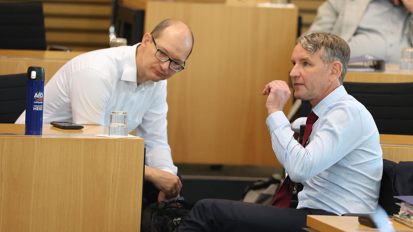 Björn Höcke (r.) und Fraktionssprecher Andreas Möller am Freitag im Thüringer Landtag