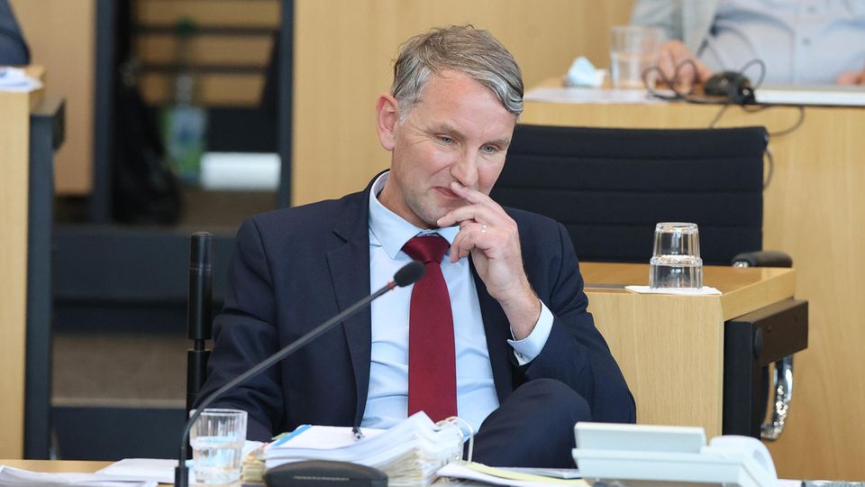 Björn Höcke, Fraktionsvorsitzender der AfD im Thüringer Landtag, sitzt während der Abstimmung auf seinem Platz im Plenarsaal