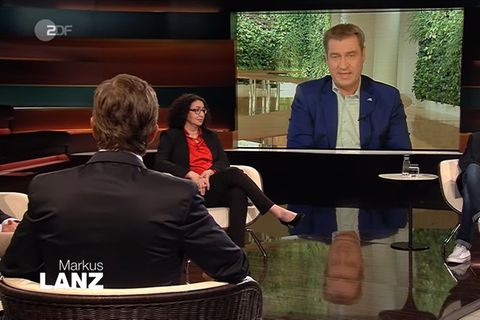 Markus Söder war bei der Sendung von Markus Lanz (v.) zugeschaltet