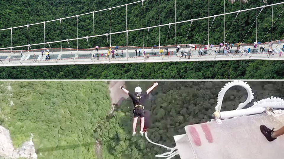 Verrückter Nervenkitzel: Wer traut sich den Bungee-Jump von Chinas höchster Glasboden-Brücke zu? Verrückter Nervenkitzel: Wer traut sich den Bungee-Jump von Chinas höchster Glasboden-Brücke zu?