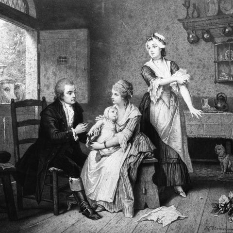 Ein Holzstich nach einem Gemälde von Edouard Hamman zeigt, wie der der englische Landarzt Edward Jenner 1796 bei einem achtjährigen Jungen die erste Impfung gegen Pocken durchführt.
