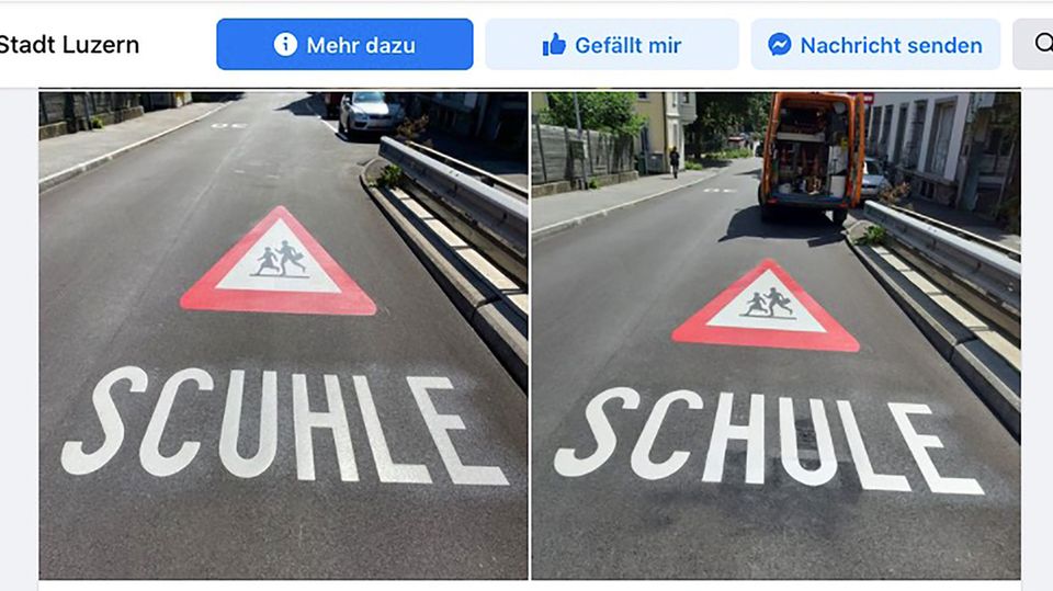 Die falsche und die richtige "Schule"-Markierung in Luzern