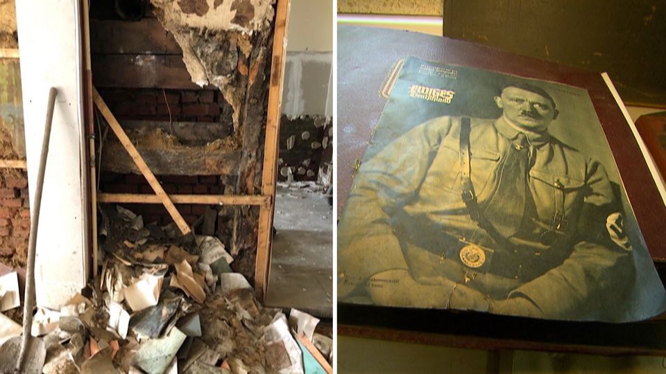 Nazi-Versteck in Hagen Auf dem Foto ist Schutt zu sehen und rechts ein Foto von Adolf Hitler