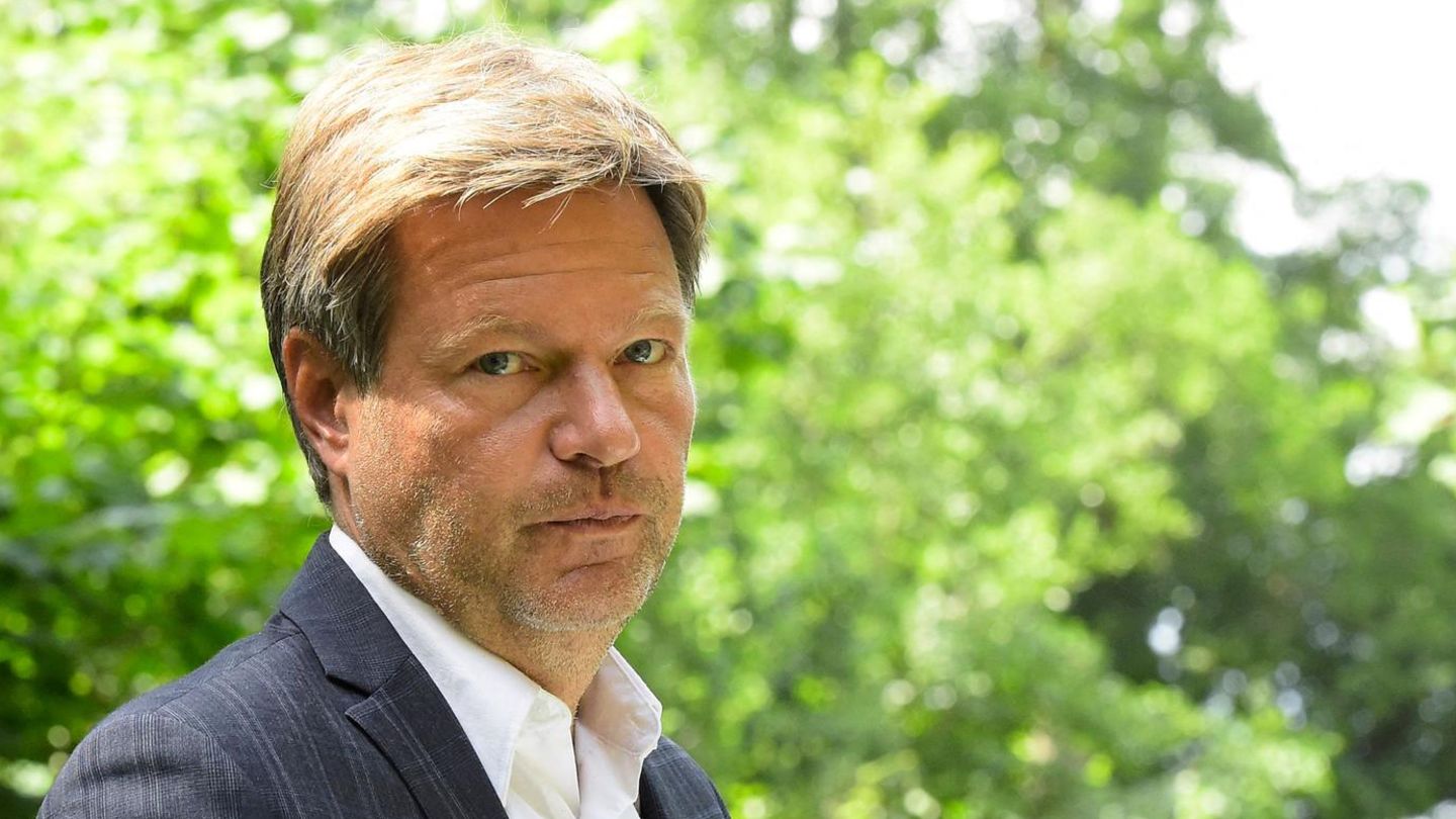 Robert Habeck schaut über seine Schulter in die Kamera - im Hintergrund frisch-grüne Bäume