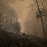 Evia, Griechenland. Ein Mann fährt mit seinem Motorrad durch den Rauch eines Waldbrandes