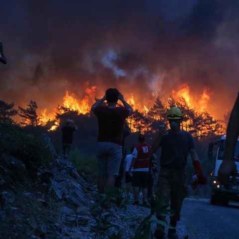 Einsatzkräfte gehen nach einem Einsatz in der Nähe des Dorfes Akcayaka, während im Hintergrund das Feuer eines Waldbrandes wütet