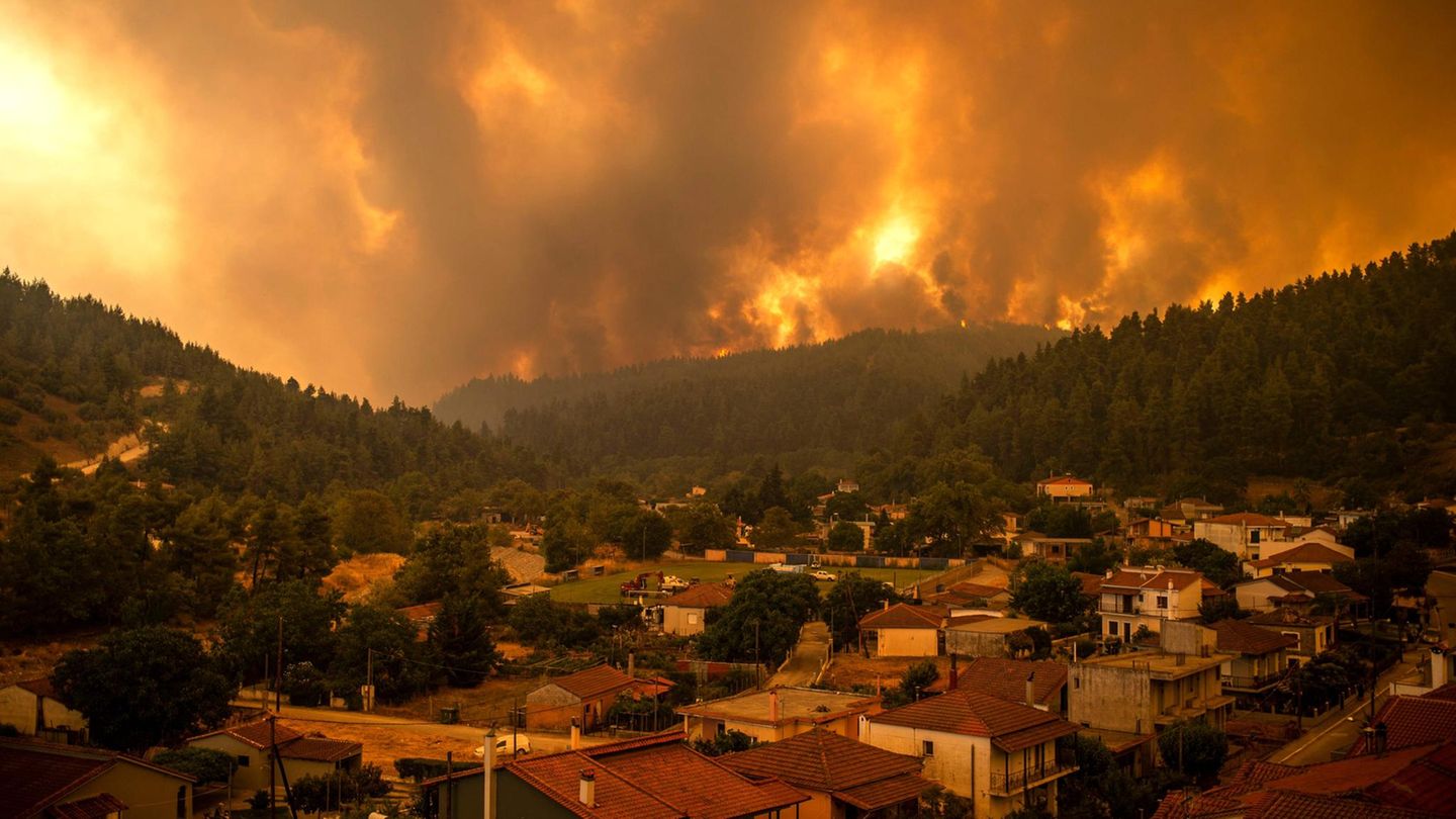 Vier Tage später, am 8. August, hat sich die Feuersbrunst ausgebreitet und marschiert auf die Ortschaft Gouves im Norden der Insel zu. Bis auf ein paar Häuser am Ortsrand bleibt der Ortskern verschont, weil Feuerwehrleute und Bewohner gemeinsam gegen die Flammen kämpfen.