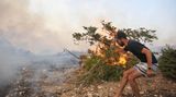 Ein junger Mann in Shorts und mir Käppi holt mit einem Zweig in der rechten Hand aus, um Flammen am Boden auszuschlagen