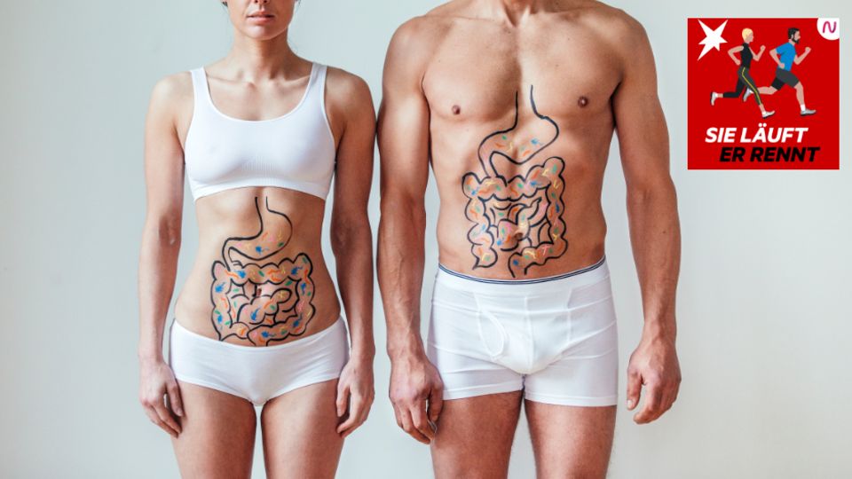 Eine Frau und ein Mann mit auf dem Bauch gemalten Verdauungsorganen