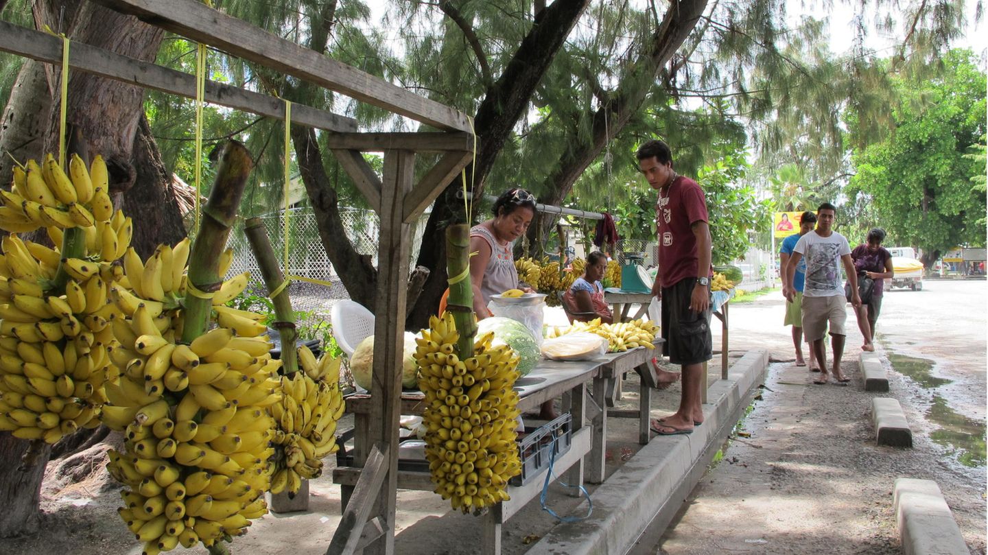 Die Bevölkerung der Inselrepublik im zentralen Pazifik ist weit verstreut, rund 120.000 Menschen (Stand: 2019) leben auf 33 Korallenatollen und Inseln entlang des Äquators. Zuletzt hatte Australien 13.000 Impfstoff-Dosen nach Kiribati ausgeliefert, wie die australische Regierung mitteilte und dafür eine Flugstrecke von 3000 Kilometern zurückgelegt. Eine absolute Ausnahme, ist anzunehmen: Nach Angaben des Auswärtigen Amtes ist eine Einreise für Ausländer derzeit nicht möglich, es bestünden Einreisebeschränkungen für Reisende aus allen Ländern mit aktiver Covid-19-Übertragung. Auch eine Durch- und Weiterreise über Kiribati sei nicht möglich. Im Bild zu sehen: Auf der Insel Kiribati werden am Straßenrand Bananen verkauft.