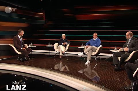 Markus Lanz mit seinen Gästen Marie-Agnes Strack-Zimmermann, Tilman Kuban, Marcus Grotian und Gerald Knaus
