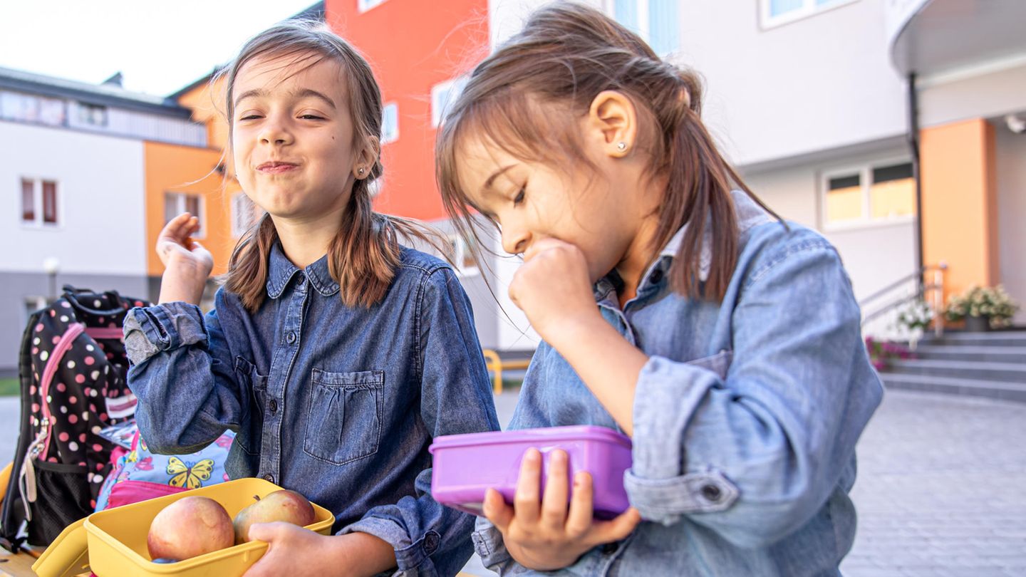 Zwei Mädchen essen Obst aus ihren Brotdosen