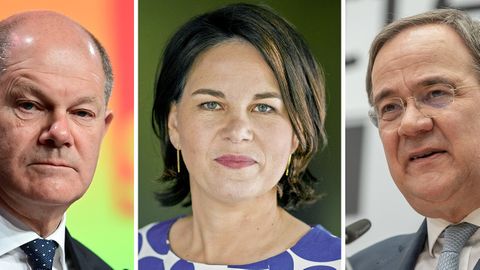 Wer überzeugt im TV-Triell? Olaf Scholz (l), Annalena Baerbock (M) oder Armin Laschet (r)