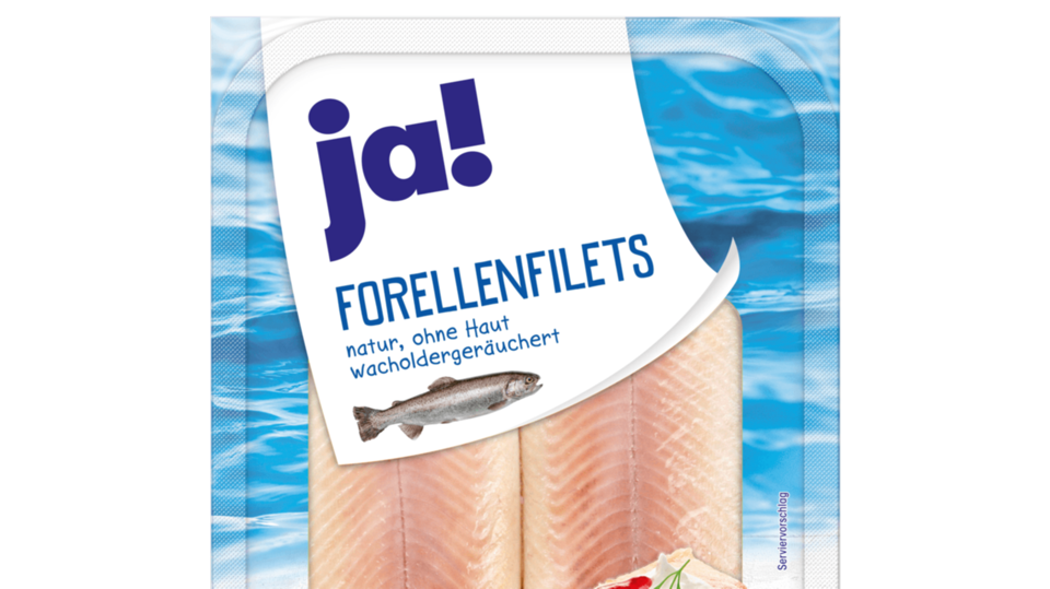 Eine Packung Forellenfilet der Marke ja! von Rewe.