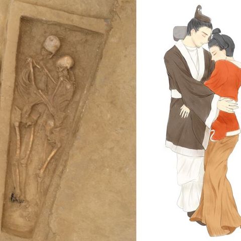 Das Grab und eine Illustration der innigen Pose.