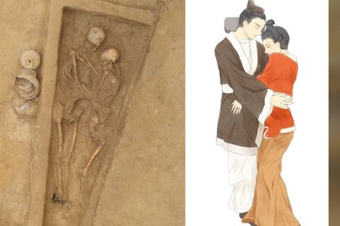Das Grab und eine Illustration der innigen Pose.