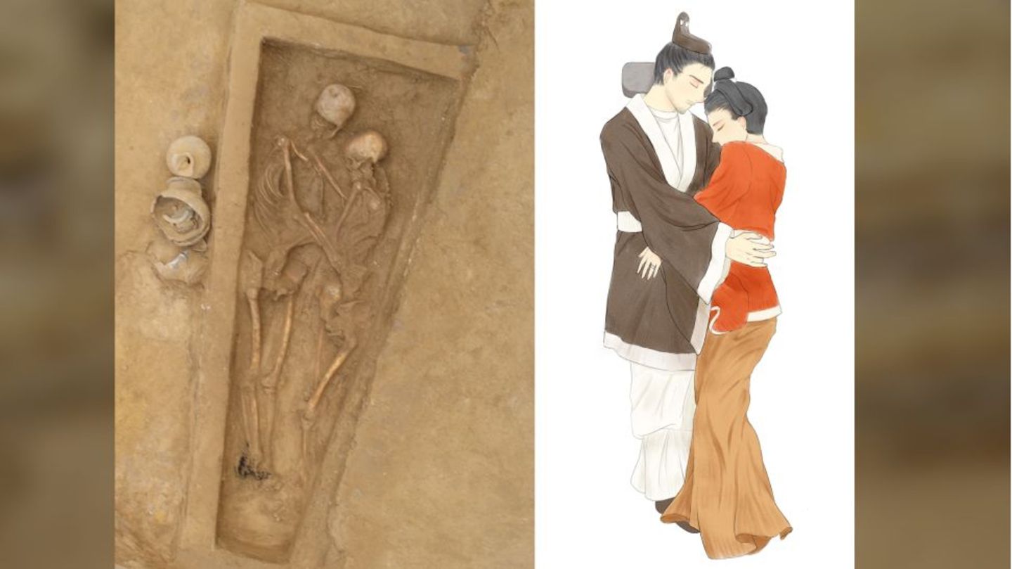 Das Grab und eine Illustration der innigen Pose.