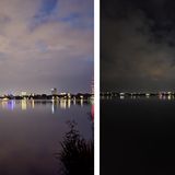 Die bessere Lichterfassung gegenüber der Ultraweitwinkelkamera (F2,2-Blende, 1,12 µm Pixelgröße) ist bei dieser Aufnahme der Hamburger Innenstadt von der anderen Seite der Alster sehr gut zu sehen. Die Hauptkamera (links) fängt erheblich mehr Details ein, hellt das Bild aber übernatürlich stark auf. 