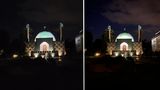 Bei schlechtem Licht trumpft die Hauptkamera dank 1,4 µm Pixelgröße und einer F1,8-Blende auf. Im Vergleich zum iPhone 11 Pro Max (rechts) fängt sie etwa mehr Details im durch das grelle Licht schwer zu erfassenden Eingangsbereich auf. Allerdings sind die Farben leicht überbetont.