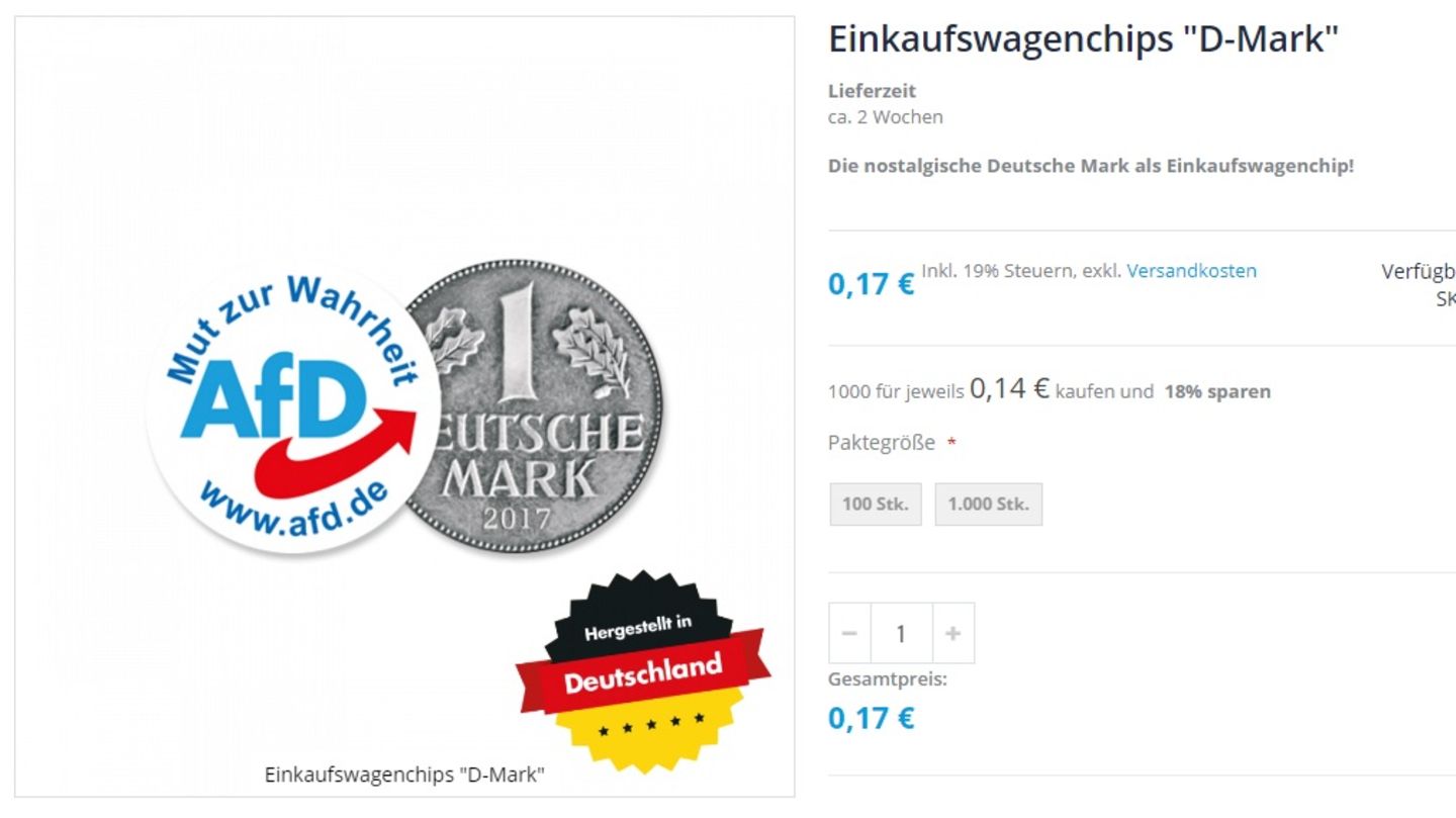 Der Euro war Ihnen schon immer suspekt? Zeigen Sie im Supermarkt, was die einzig harte Währung war: mit dem Deutsche-Mark-Einkaufschip der AfD. 