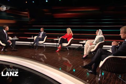 Markus Lanz (l.) mit seinen Gästen Marco Buschmann, Kristina Dunz, Zarifa Ghafari und Alexander Kekulé
