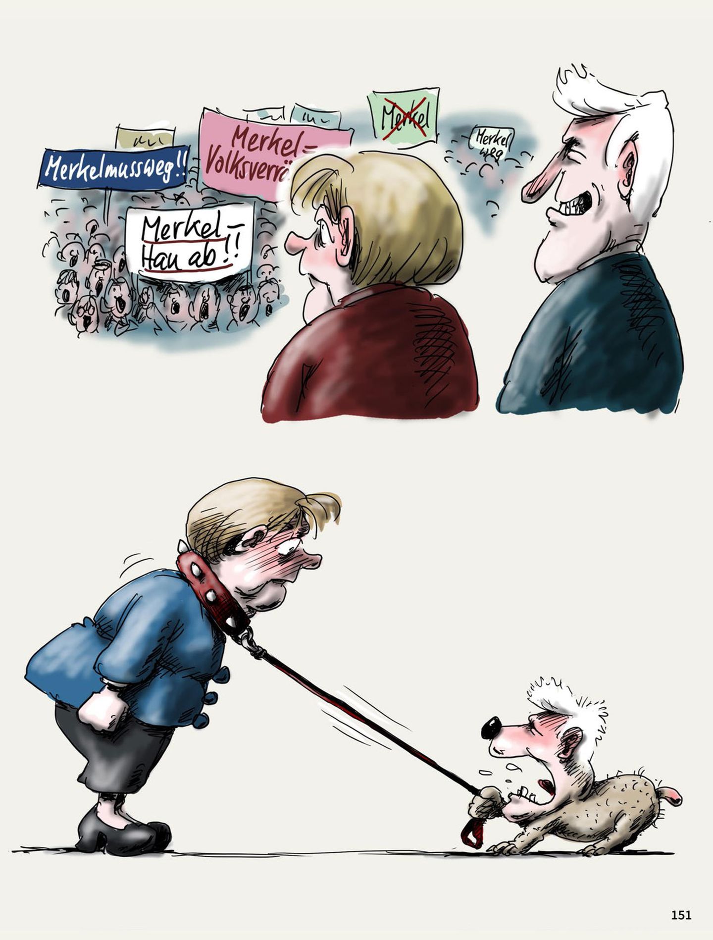 Klaus Stuttmann: Merkels Haltung in der Flüchtlingspolitik entfachte ab 2015 Widerstand. Pegida hetzte auf den Straßen gegen Zuwanderer und gegen die Kanzlerin, gleichzeitig kam mit der AfD eine rechtsextreme Partei in den Bundestag. Auch mit der Schwesterpartei CSU stritt Merkel im Sommer 2017 über "Obergrenzen" von Geflüchteten. Merkels Haltung in der Flüchtlingspolitik entfachte ab 2015 Widerstand. Pegida hetzte auf den Straßen gegen Zuwanderer und gegen die Kanzlerin, gleichzeitig kam mit der AfD eine rechtsextreme Partei in den Bundestag. Auch mit der Schwesterpartei CSU stritt Merkel im Sommer 2017 über "Obergrenzen" von Geflüchteten.