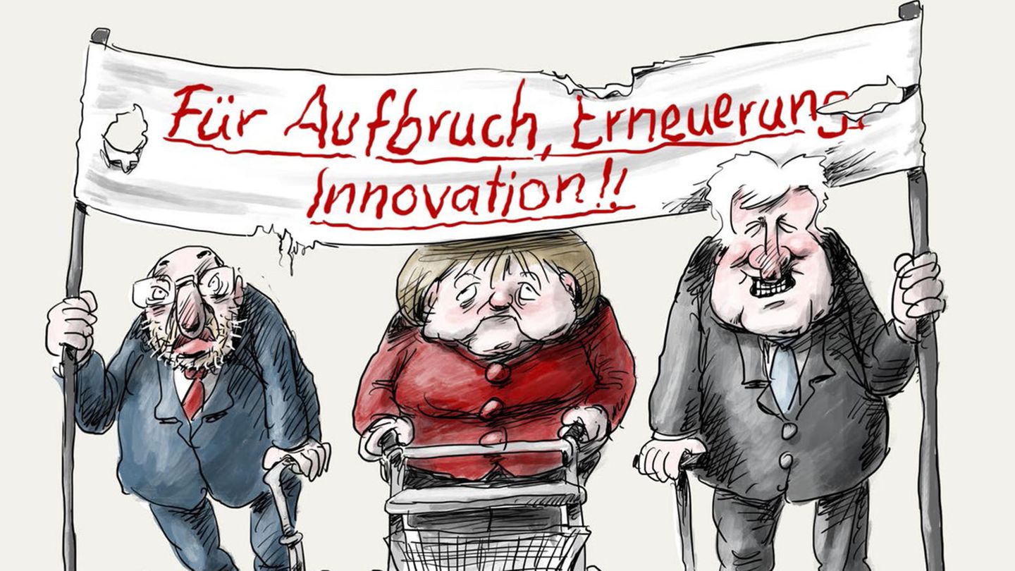 Klaus Stuttmann: Nach mehr als einem Jahrzehnt an der Spitze des Landes wirkte Merkel in den Jahren nach 2017 zunehmend ausgelaugt amtsmüde. Ihre erneute Koalition aus CDU, CSU und SPD konnte keinen Aufbruchgeist mehr verströmen. Die logische Folge: Merkel kündigte 2018 ihren Rückzug nach dem Ablauf der Wahlperiode an. Nach mehr als einem Jahrzehnt an der Spitze des Landes wirkte Merkel in den Jahren nach 2017 zunehmend ausgelaugt amtsmüde. Ihre erneute Koalition aus CDU, CSU und SPD konnte keinen Aufbruchgeist mehr verströmen. Die logische Folge: Merkel kündigte 2018 ihren Rückzug nach dem Ablauf der Wahlperiode an.