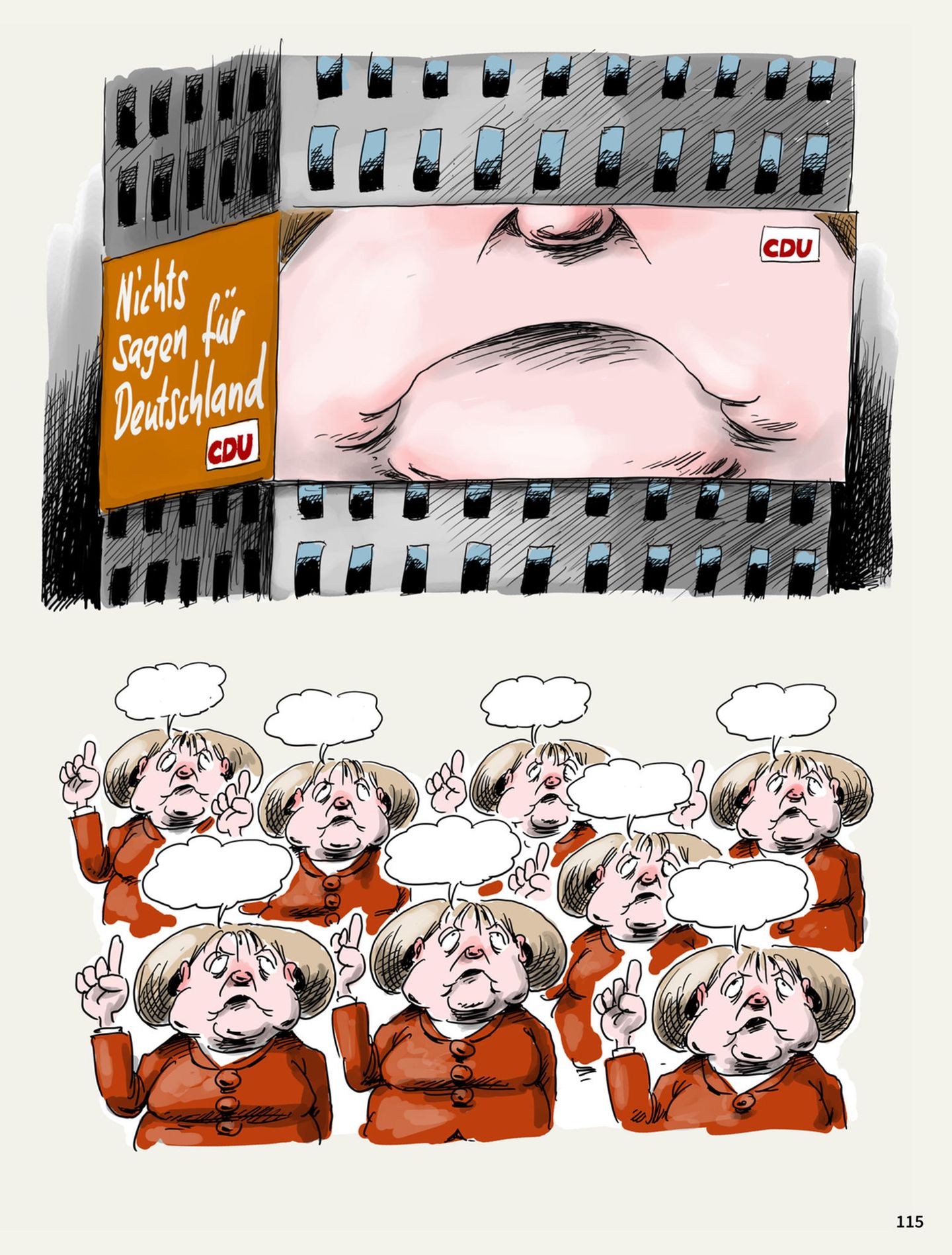 Dass Angela Merkel ihre Wahlen nicht aufgrund eines starken inhaltlichen Programms gewann, sondern gerade dem Fehlen jeglicher Reibungsfläche - darauf macht Stuttmann in dieser Karikatur aufmerksam.
