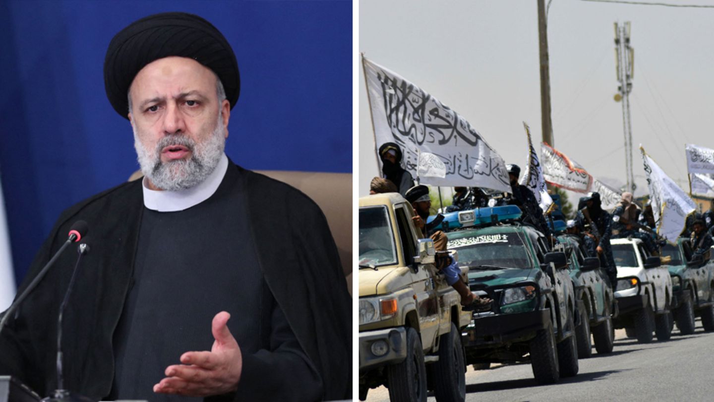 Irans Präsident Ebrahim Raisi (links) und ein Konvoi der Taliban in Kandahar