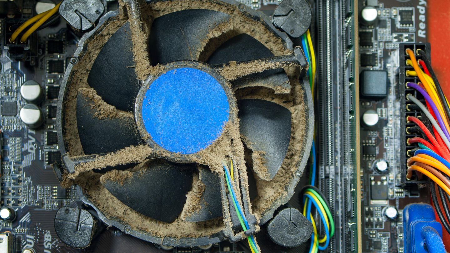 Da hilft nur ein Luftkompressor: Das Innenleben eines verdreckten Büro-Computers.