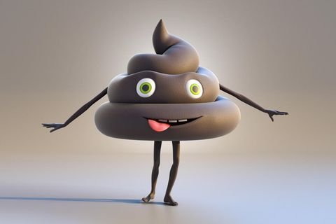 Ein Emoji-Kackhaufen. Ein ähnliches Kostüm trug ein Mensch vor einem AfD-Wahlstand