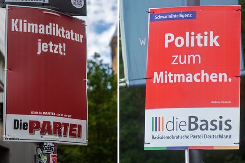 Werbeplakate der Parteien dieBasis und Die Partei