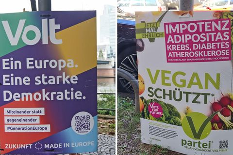 Werbeplakate der Parteien Volt und V-Partei³ für die Bundestagswahl am 26. September